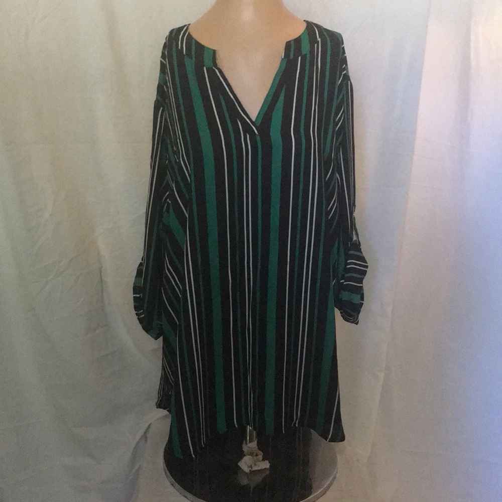 Green/black striped blouse with 3/4 roll sleeve